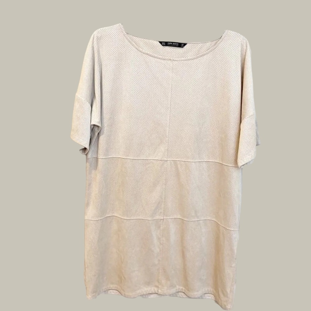 Zara Basic Beige Perforated Faux Suede Short Sleeve Tunic Top Medium